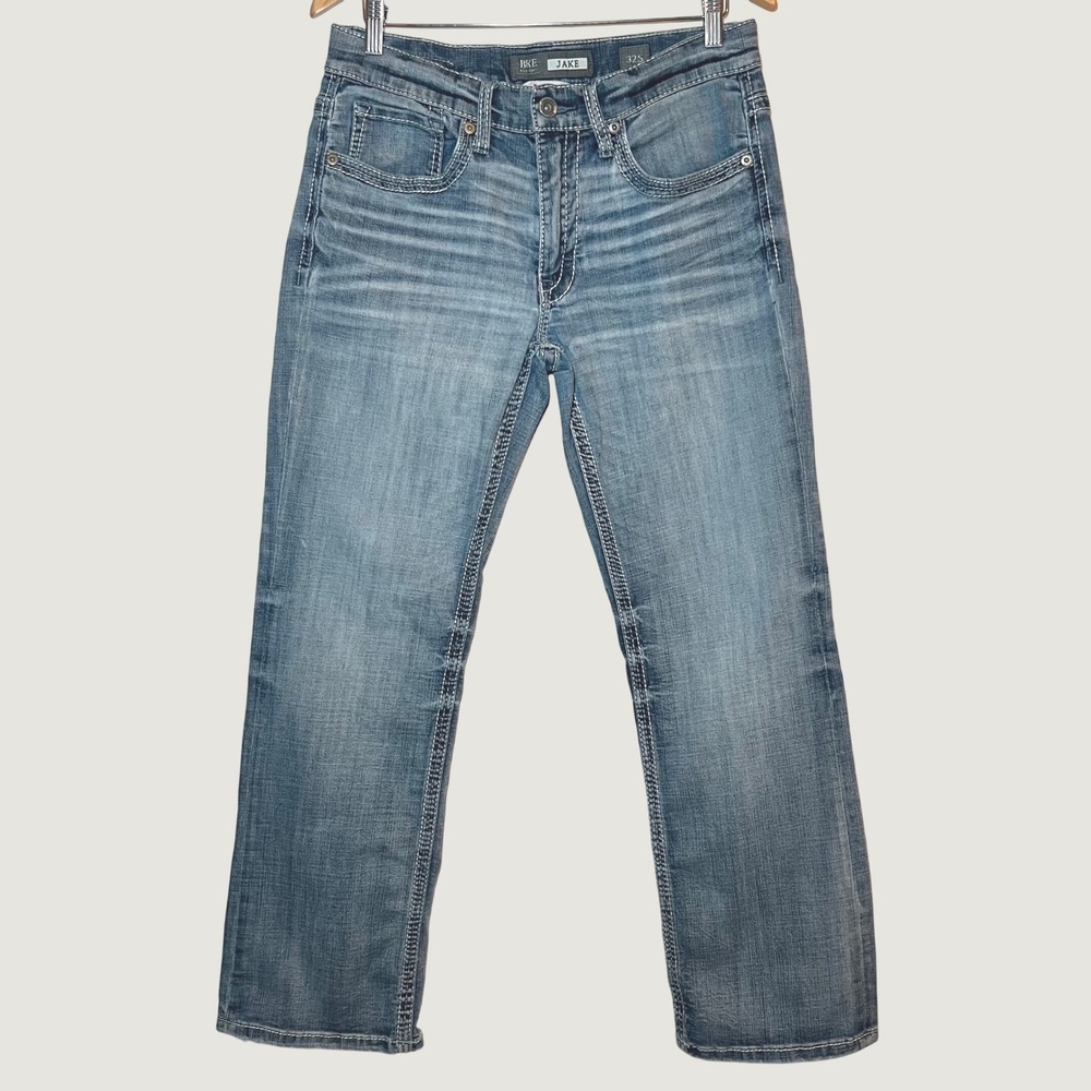 BKE Jake Bootcut Jeans Mens 32S Medium Wash Denim Contrast Stitch Distressed Hem